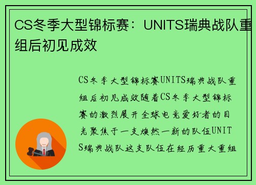 CS冬季大型锦标赛：UNITS瑞典战队重组后初见成效