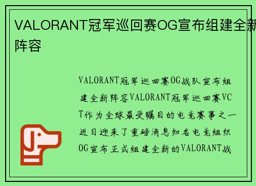 VALORANT冠军巡回赛OG宣布组建全新阵容
