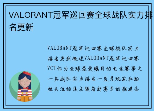 VALORANT冠军巡回赛全球战队实力排名更新