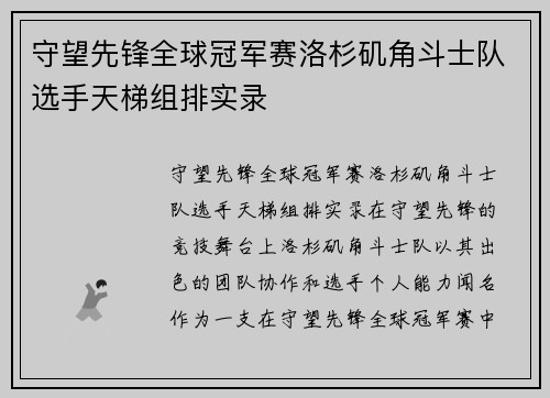 守望先锋全球冠军赛洛杉矶角斗士队选手天梯组排实录